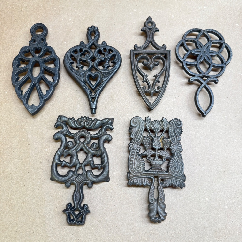 Vintage Wilton Cast Iron Trivet Set of 6 Heart Floral Cherub Wall Decor Black